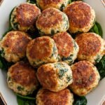 Golden brown chicken meatballs with green spinach flecks served on a white plate