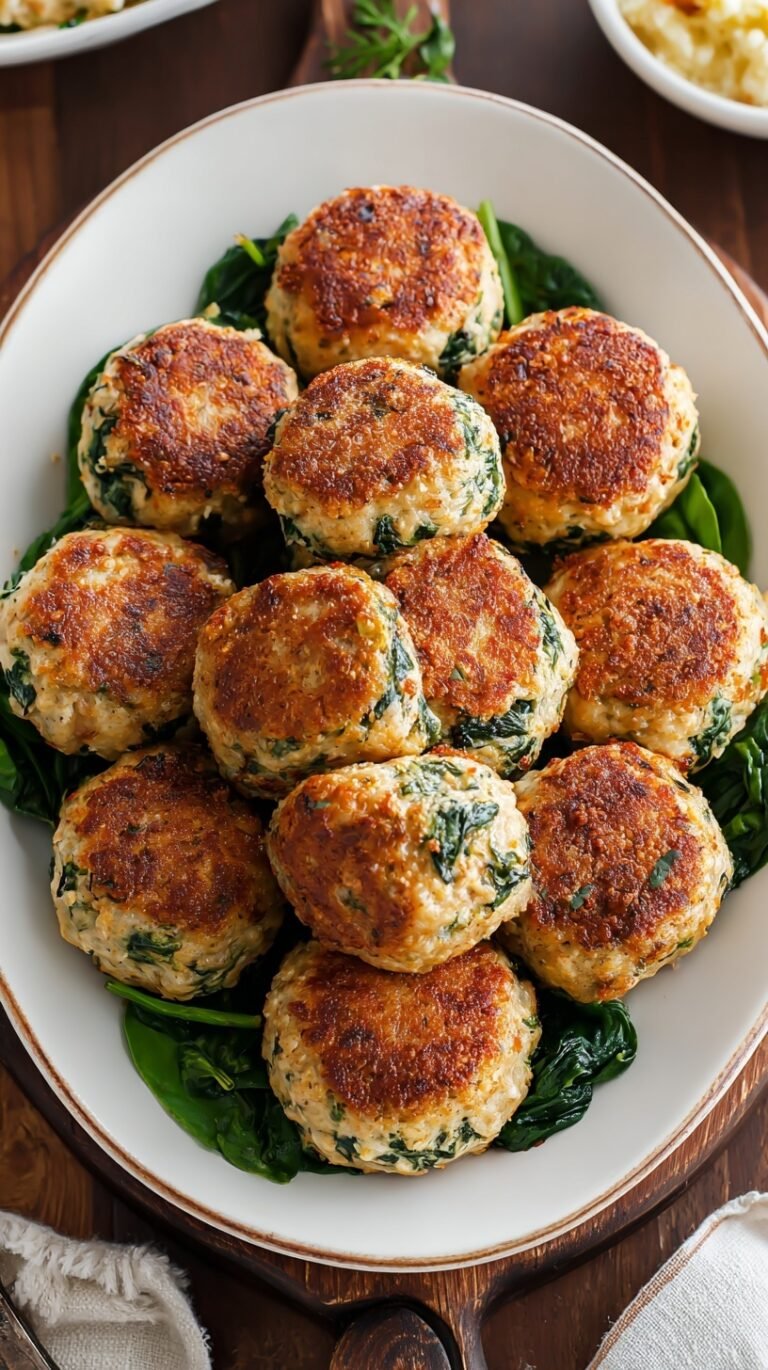 Golden brown chicken meatballs with green spinach flecks served on a white plate