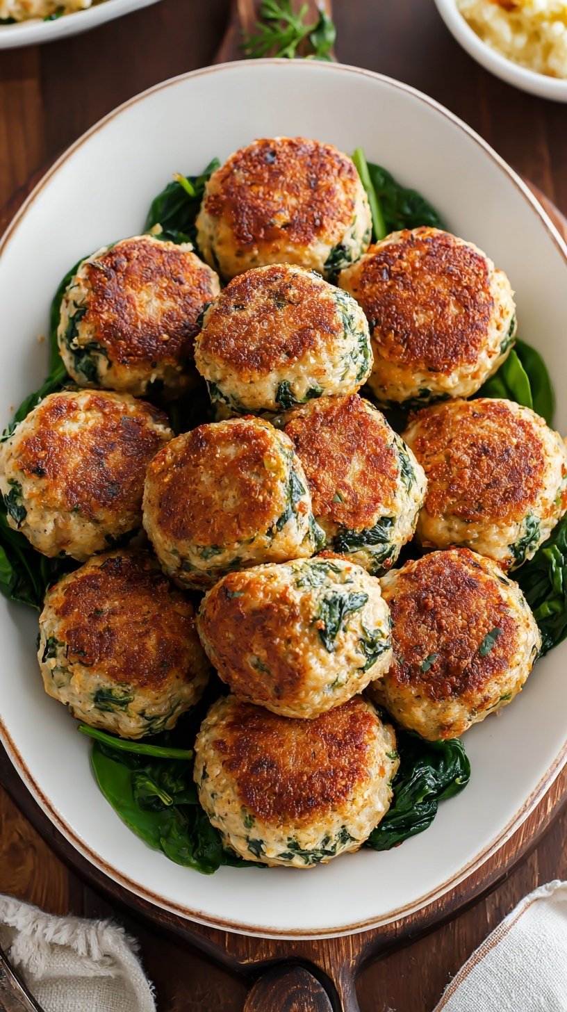 Golden brown chicken meatballs with green spinach flecks served on a white plate