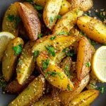 Golden roasted Greek lemon potato wedges in a pan with herbs and lemon slices.