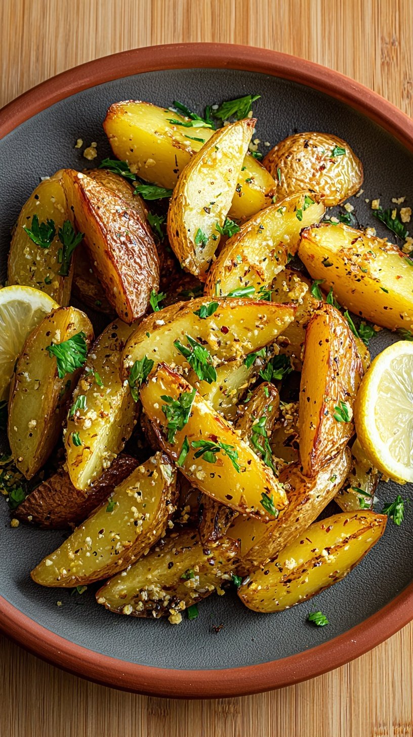 Golden roasted Greek lemon potato wedges in a pan with herbs and lemon slices.