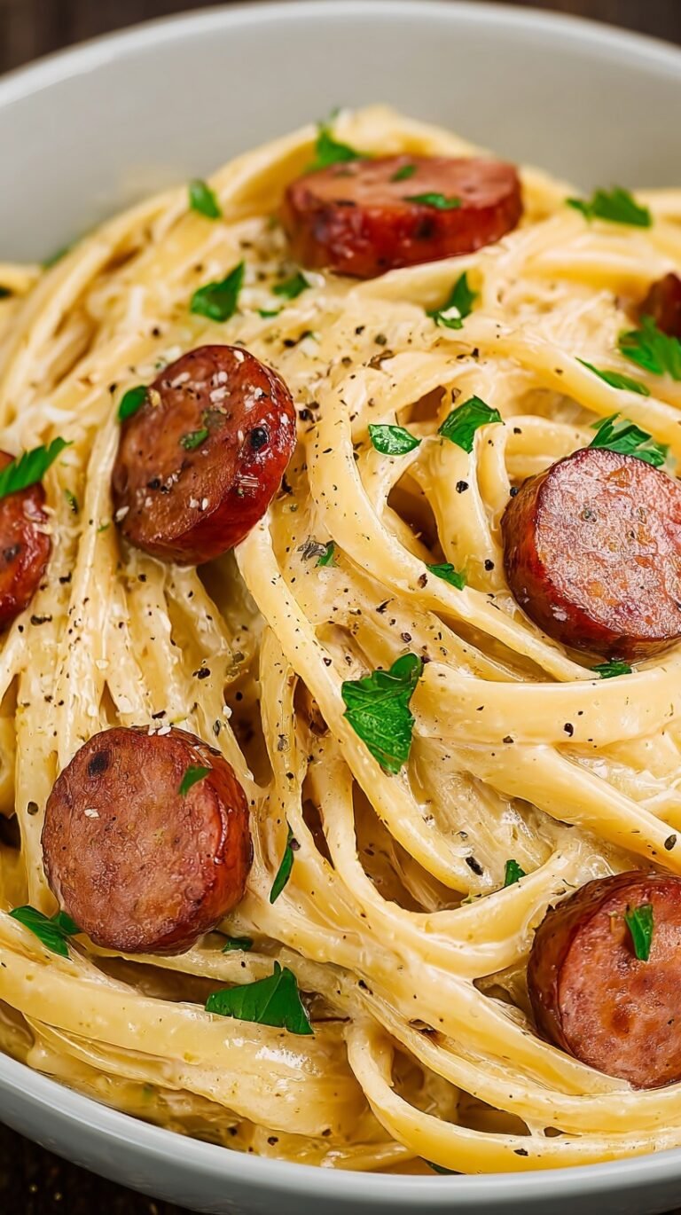 A skillet filled with creamy cajun sausage pasta, sliced andouille sausage, and colorful bell peppers.