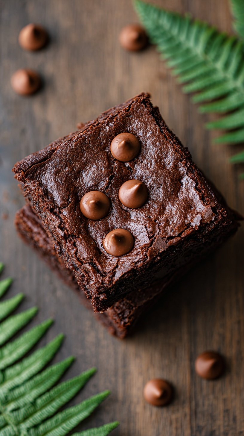 A stack of fudgy chocolate brownies topped with chocolate chips on a white plate.