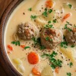 A bowl of creamy soup with Italian sausage, cubed potatoes, and green kale garnished with parmesan cheese.