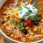 A steaming bowl of red chicken enchilada soup topped with avocado, cheese, and tortilla strips.