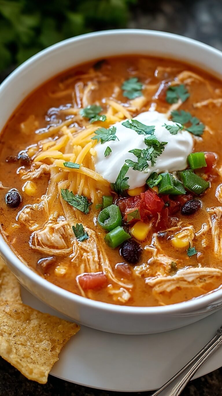 A steaming bowl of red chicken enchilada soup topped with avocado, cheese, and tortilla strips.