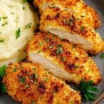 Golden brown crispy parmesan crusted chicken breast sliced on a white plate