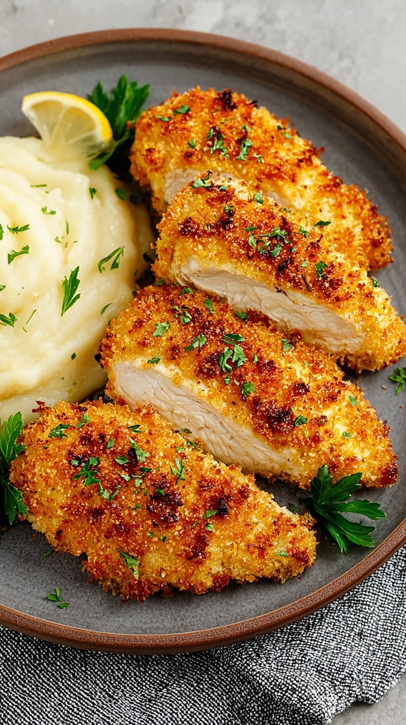 Golden brown crispy parmesan crusted chicken breast sliced on a white plate