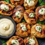 Golden grilled chicken bites on a platter served with a bowl of creamy white garlic sauce and lemon wedges.