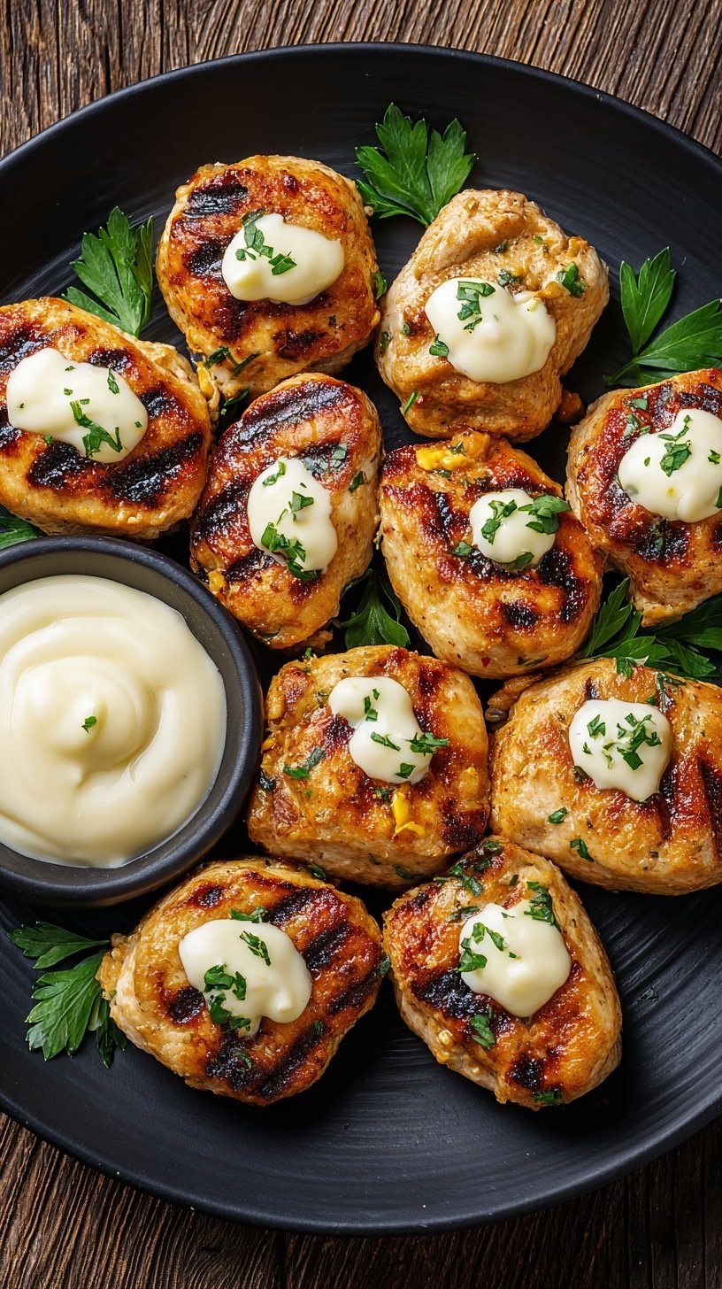 Golden grilled chicken bites on a platter served with a bowl of creamy white garlic sauce and lemon wedges.