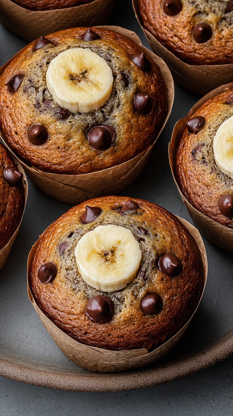 A stack of warm banana chocolate muffins with melting chocolate chips on top.