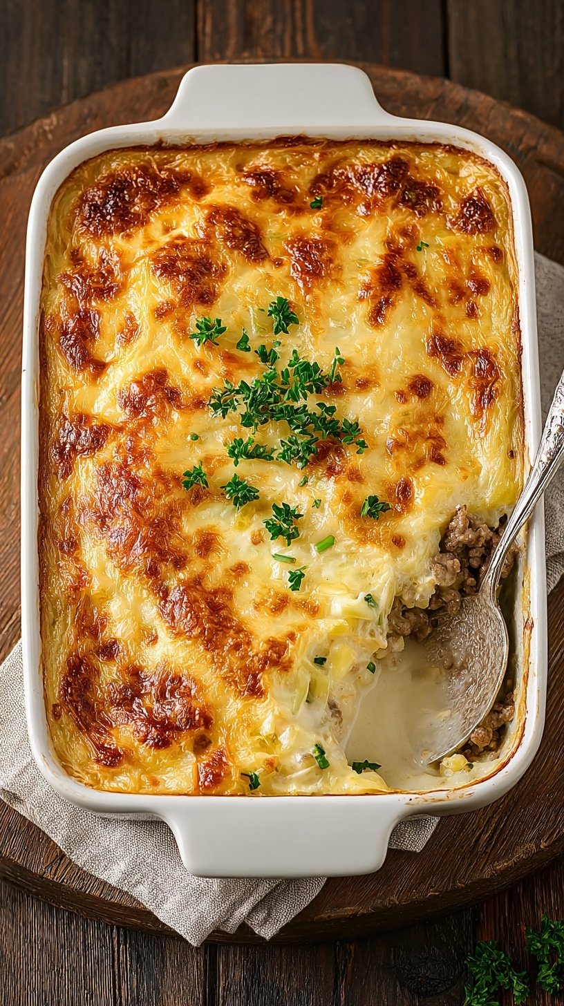 A bubbling ceramic dish of creamed cabbage and ground beef casserole with melted cheddar cheese on top.