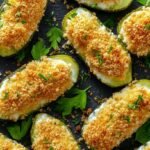 Golden brown air fried stuffed pickles on a white serving plate with a side of ranch dressing