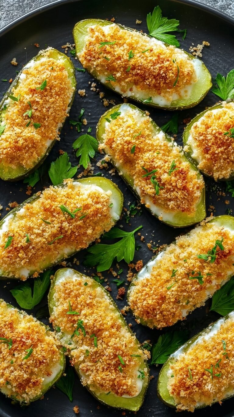 Golden brown air fried stuffed pickles on a white serving plate with a side of ranch dressing