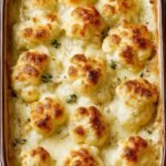 A bubbling dish of golden-brown roasted cauliflower cheese with melted cheddar and parmesan topping.