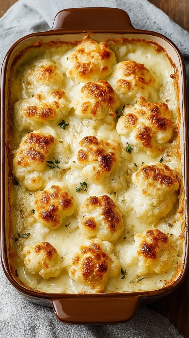 A bubbling dish of golden-brown roasted cauliflower cheese with melted cheddar and parmesan topping.