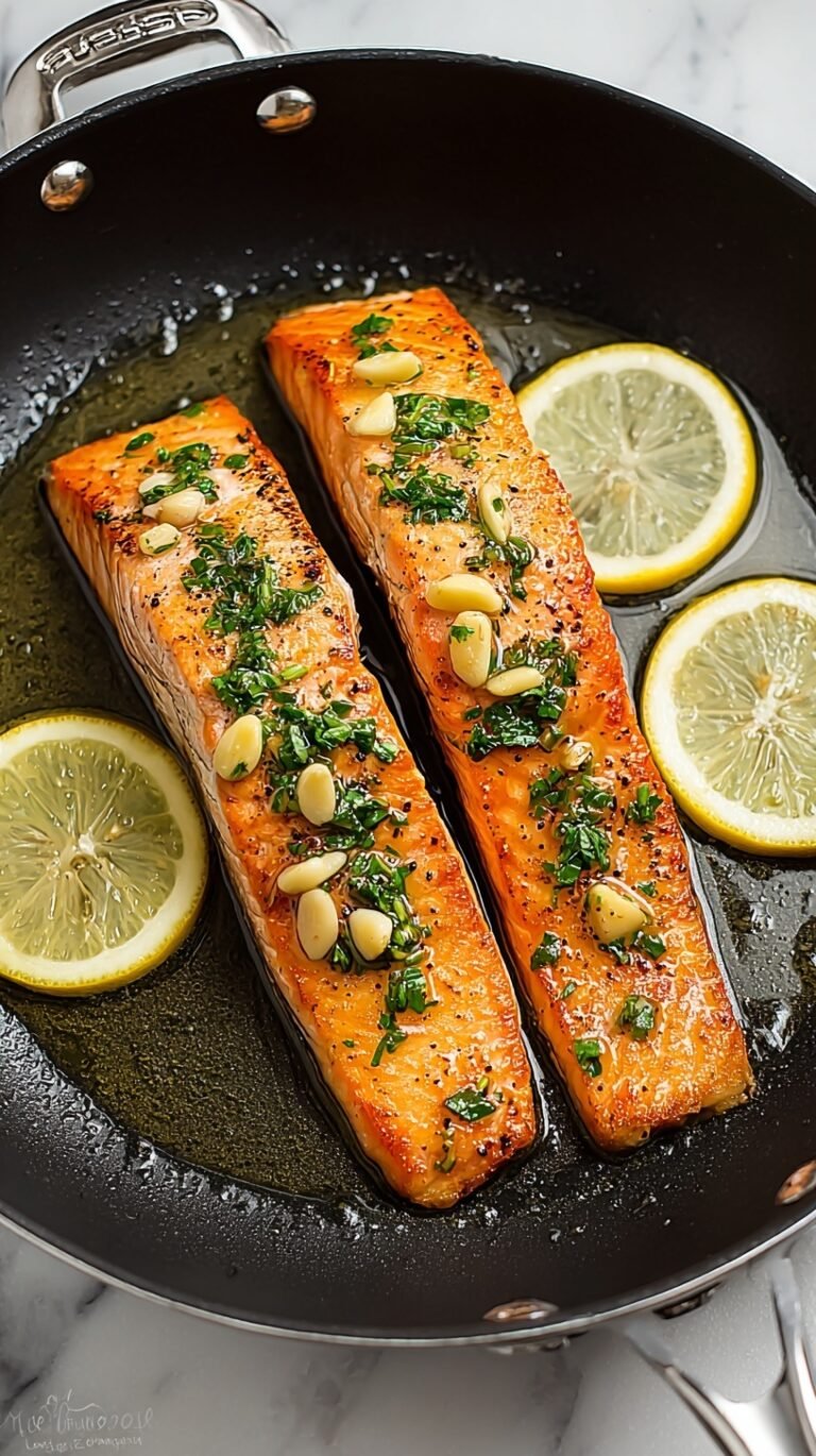Two pan fried salmon fillets topped with garlic butter sauce and fresh parsley on a white plate.