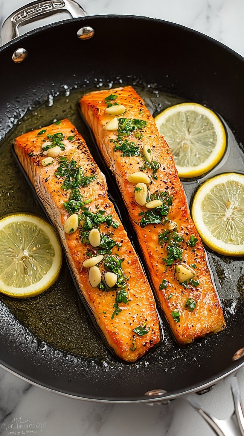 Two pan fried salmon fillets topped with garlic butter sauce and fresh parsley on a white plate.