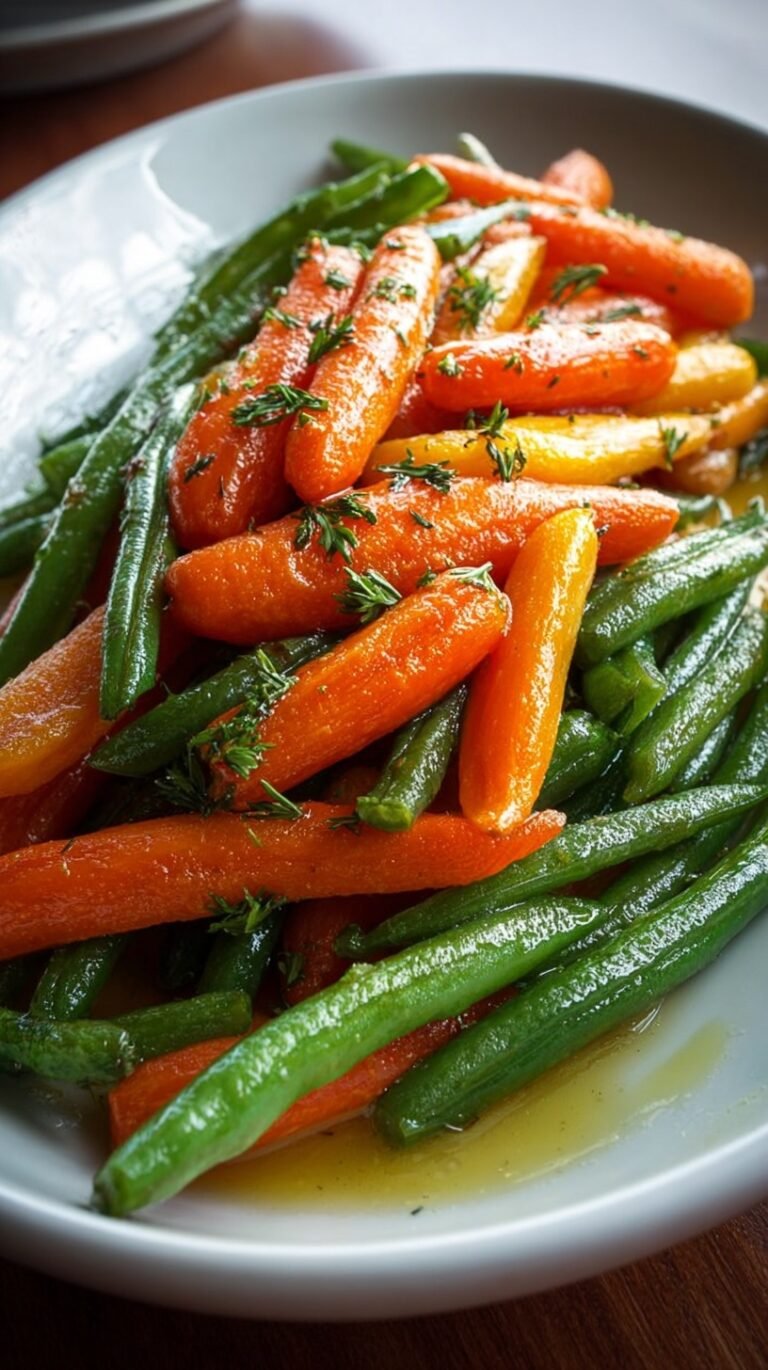 A white platter filled with glossy honey glazed carrots and green beans garnished with lemon zest.