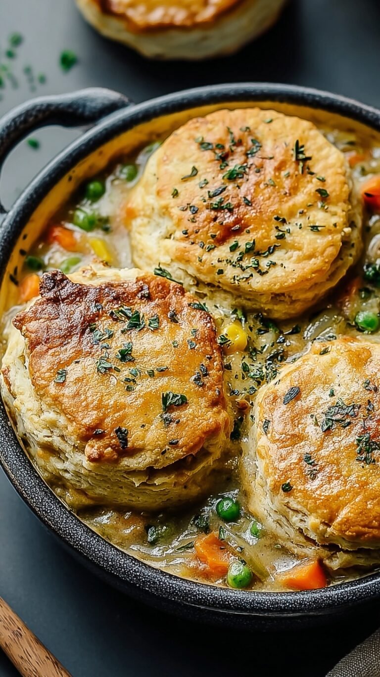 A golden-brown biscuit vegetable pot pie in a baking dish with a creamy vegetable filling.