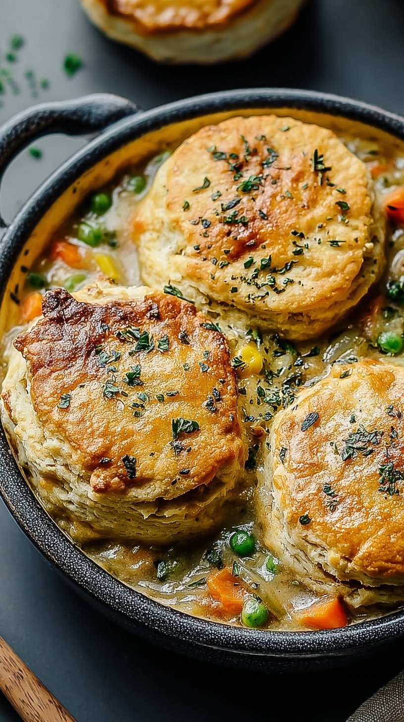A golden-brown biscuit vegetable pot pie in a baking dish with a creamy vegetable filling.