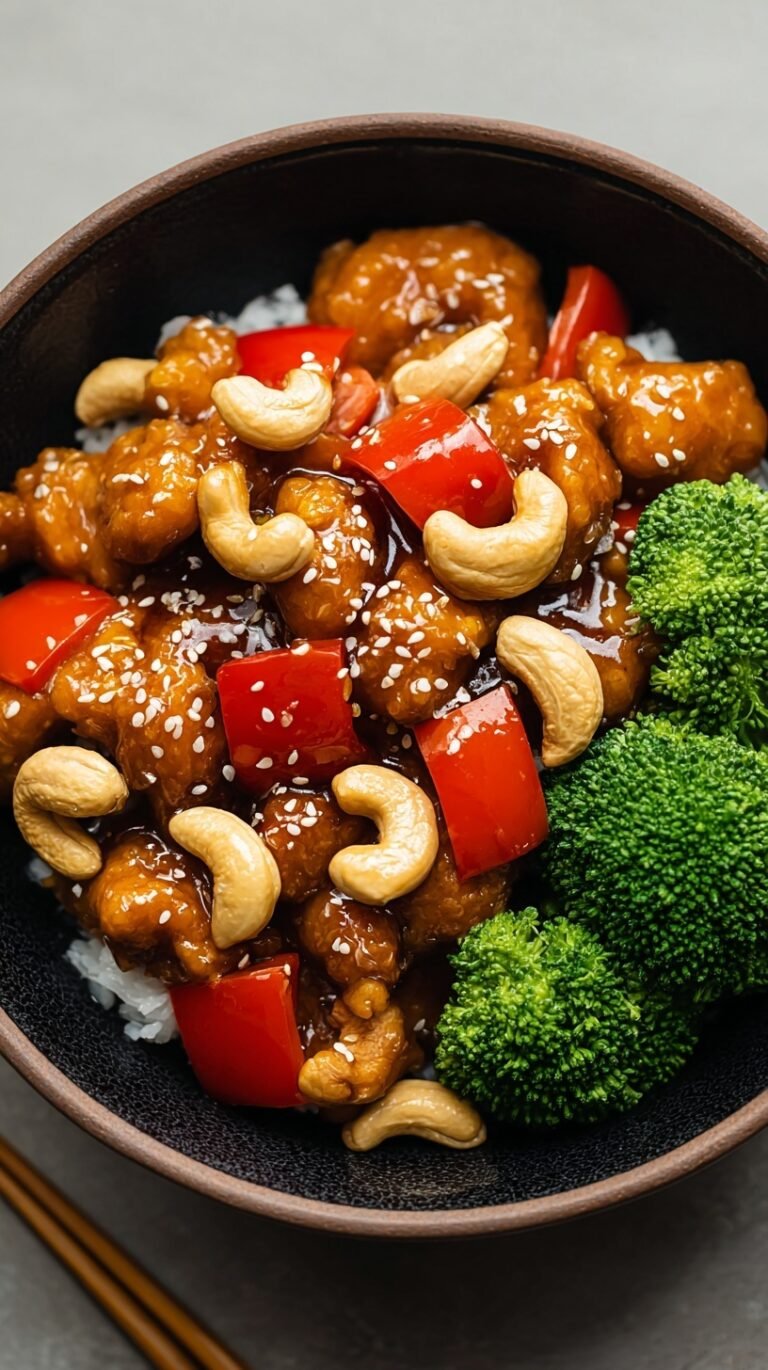 A skillet of Easy Cashew Chicken with bell peppers and roasted cashews served over white rice.
