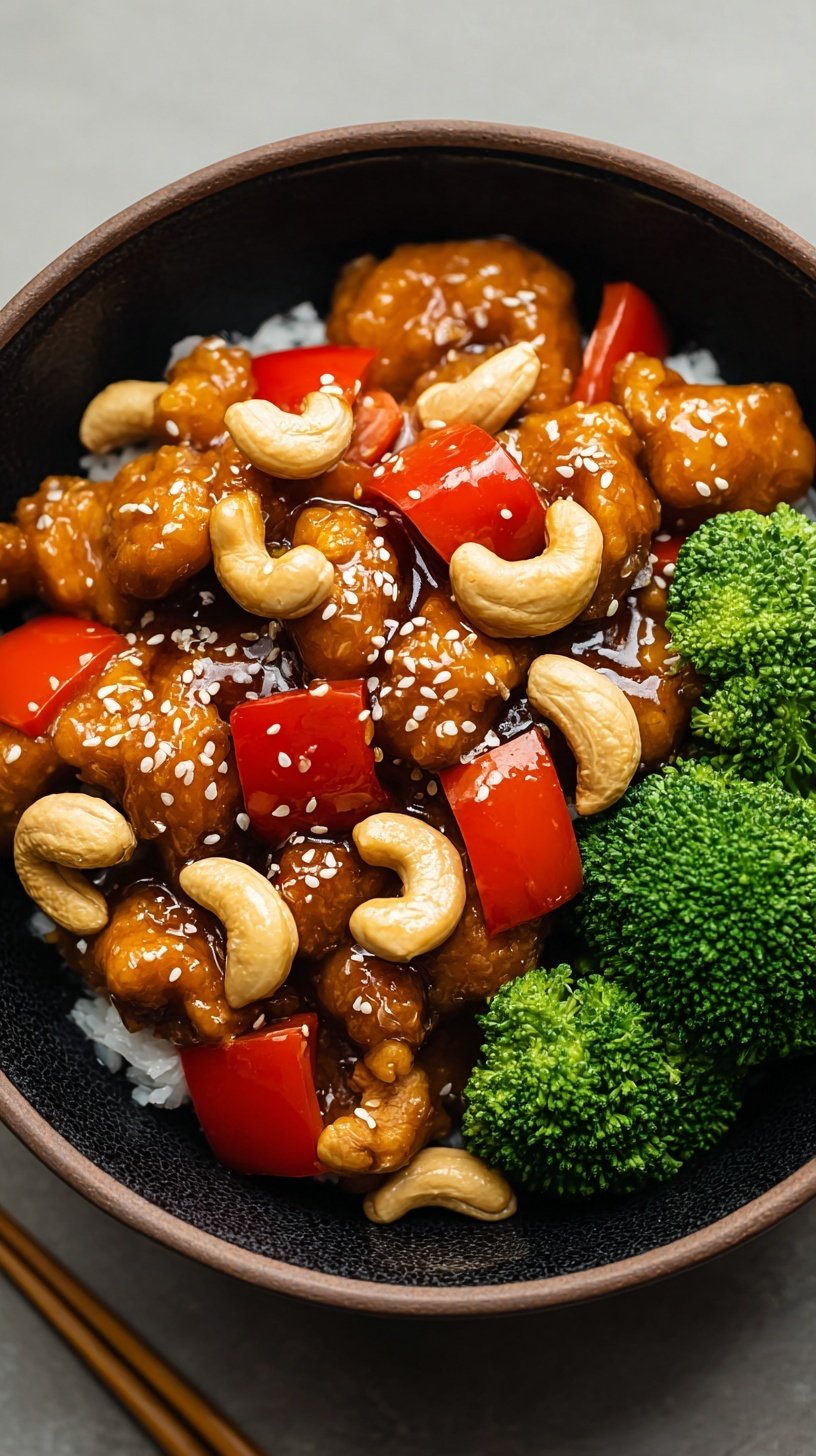 A skillet of Easy Cashew Chicken with bell peppers and roasted cashews served over white rice.