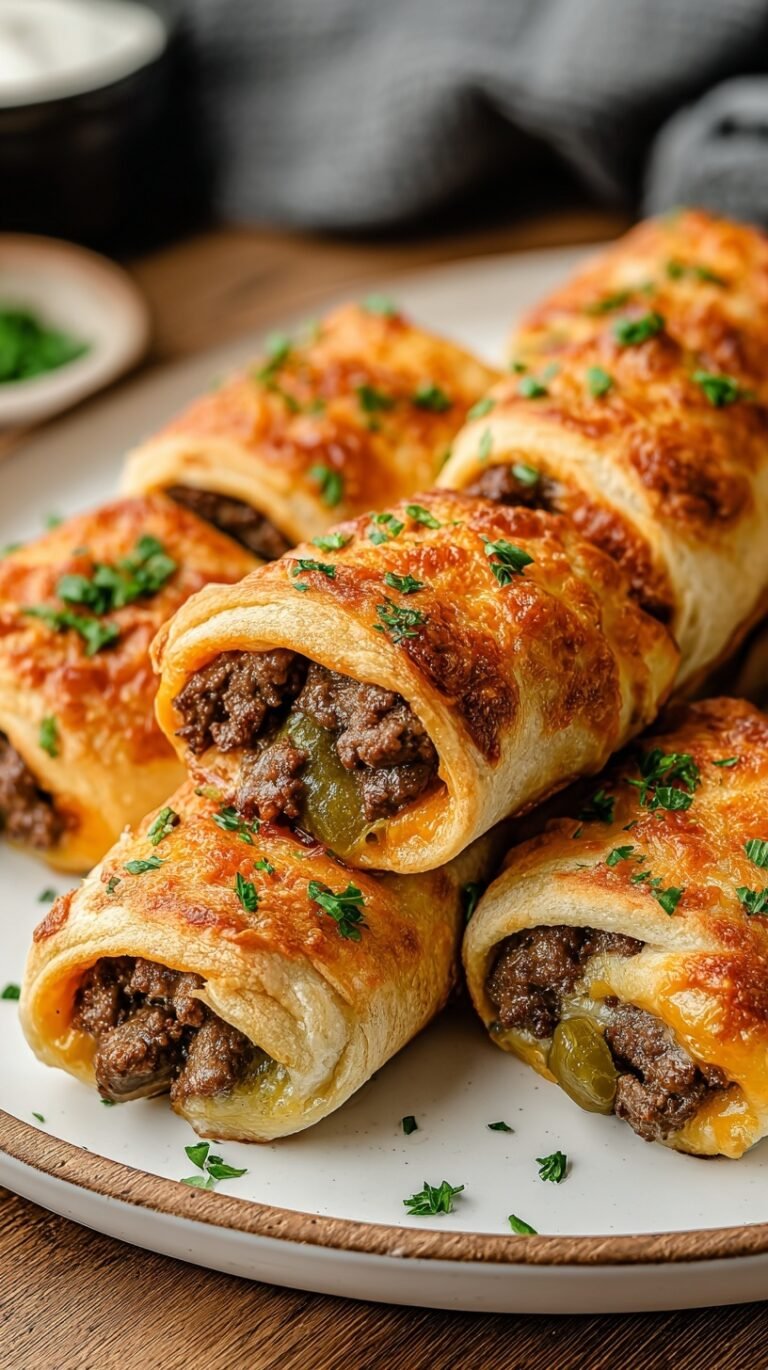 Close up of several roast beef roll ups filled with melted provolone cheese, green peppers, and onions on a baking sheet.