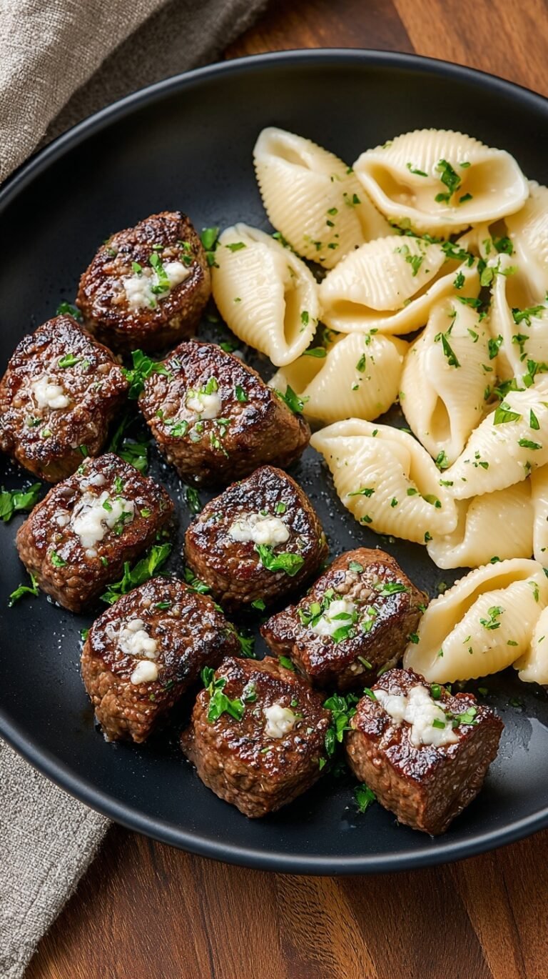 Seared garlic butter steak bites served over creamy parmesan pasta shells with fresh parsley