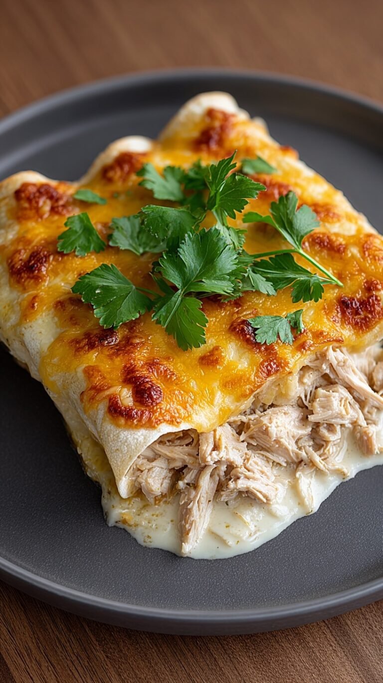 A golden, bubbly white chicken enchilada casserole in a baking dish topped with fresh cilantro