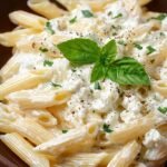 A bowl of pasta coated in a smooth, creamy white sauce topped with fresh herbs.