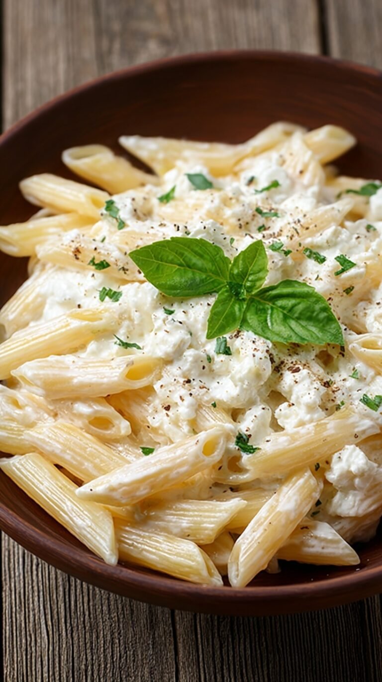 A bowl of pasta coated in a smooth, creamy white sauce topped with fresh herbs.