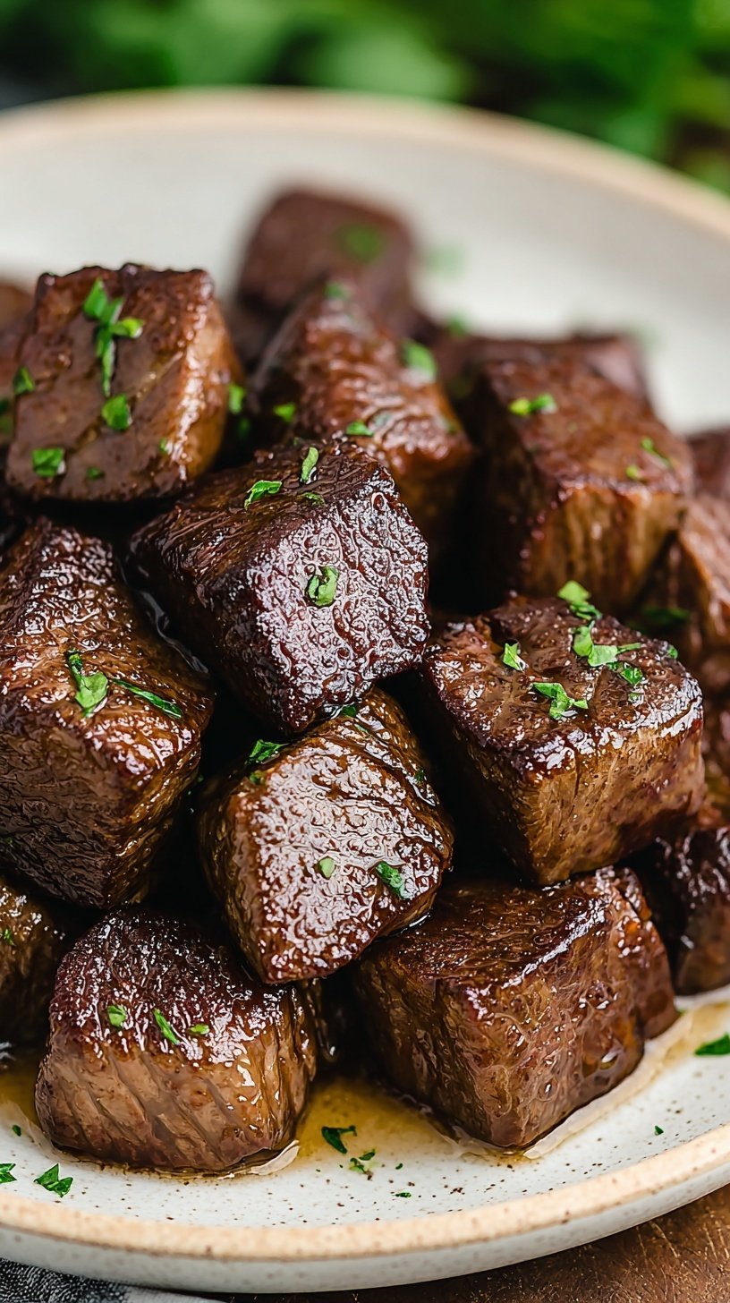Slow cooker filled with tender beef steak bites garnished with fresh parsley