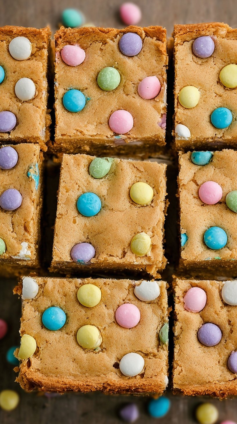 A close-up of chewy Easter cookie bars with pastel M&Ms and sprinkles in a baking pan.