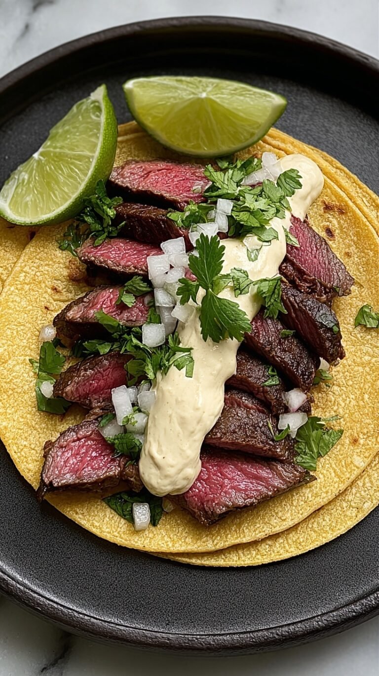 Grilled steak tacos on corn tortillas drizzled with smoky chipotle crema and fresh cilantro.