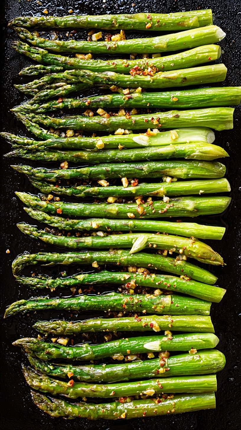 Fresh roasted asparagus spears on a baking sheet with lemon wedges.