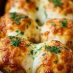 Golden brown baked biscuit balls stuffed with melted cheese and shredded chicken on a parchment-lined tray