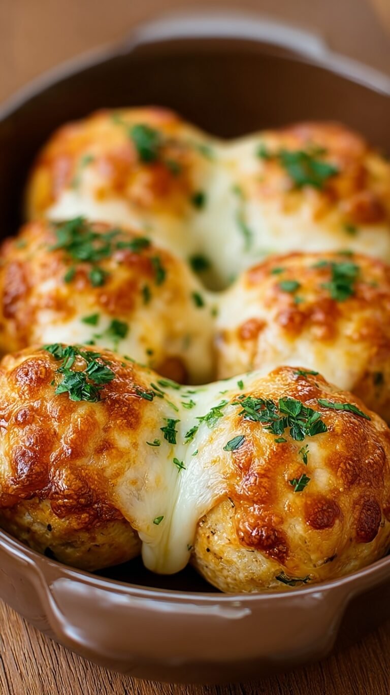 Golden brown baked biscuit balls stuffed with melted cheese and shredded chicken on a parchment-lined tray