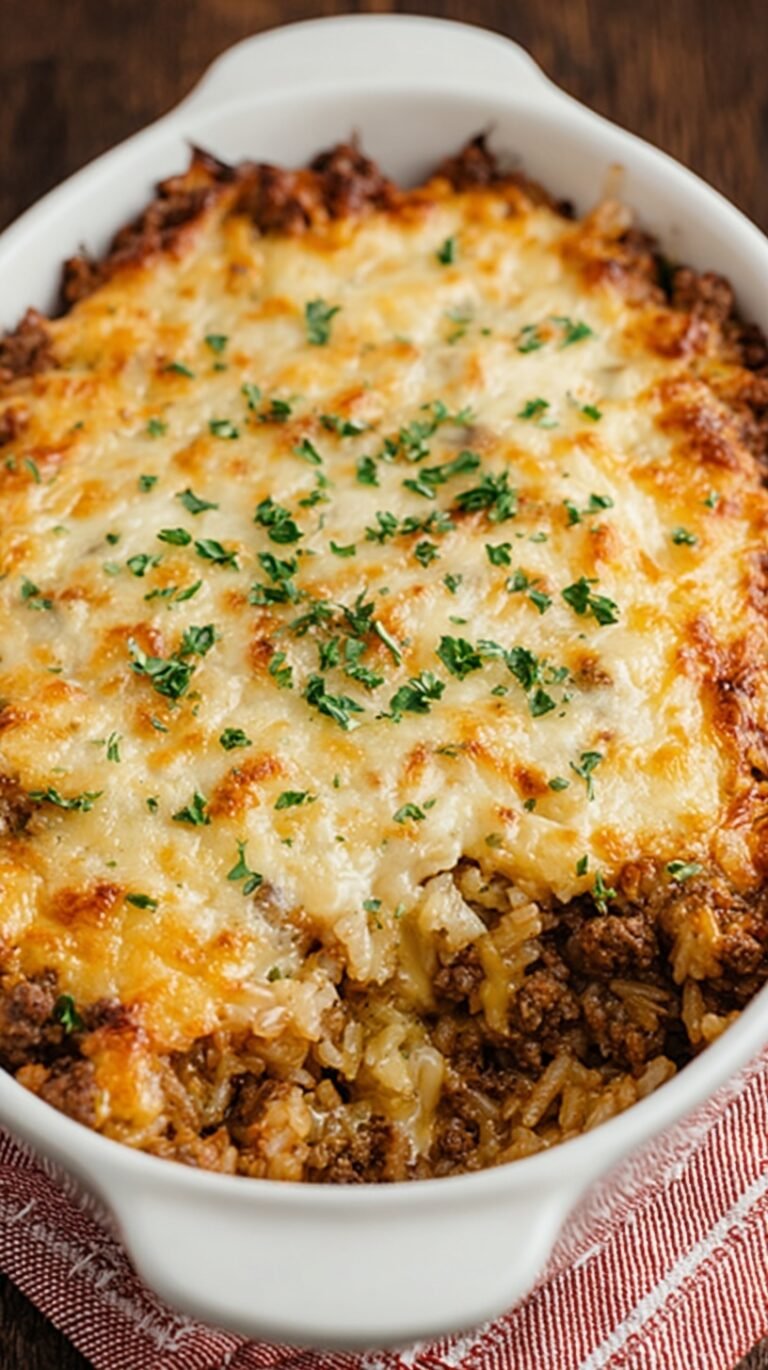 A 9x13 baking dish filled with French Onion Ground Beef and rice topped with melted Gruyère cheese and fresh parsley.