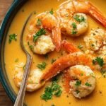 A white bowl filled with creamy orange seafood bisque garnished with fresh chives and pieces of crab.