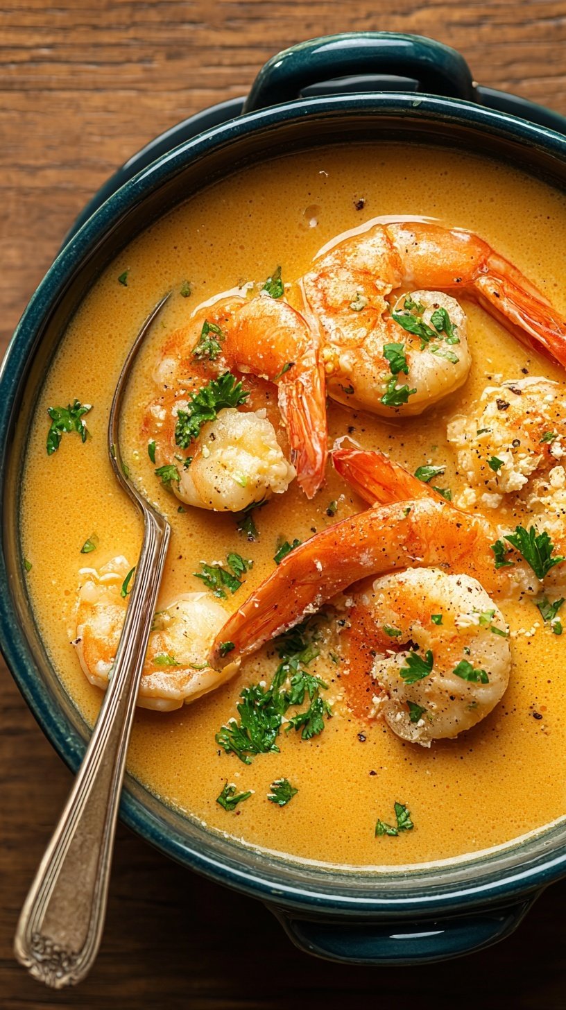 A white bowl filled with creamy orange seafood bisque garnished with fresh chives and pieces of crab.