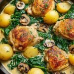 A skillet of creamy smothered chicken with baby potatoes, mushrooms, and spinach in a garlic cream sauce.