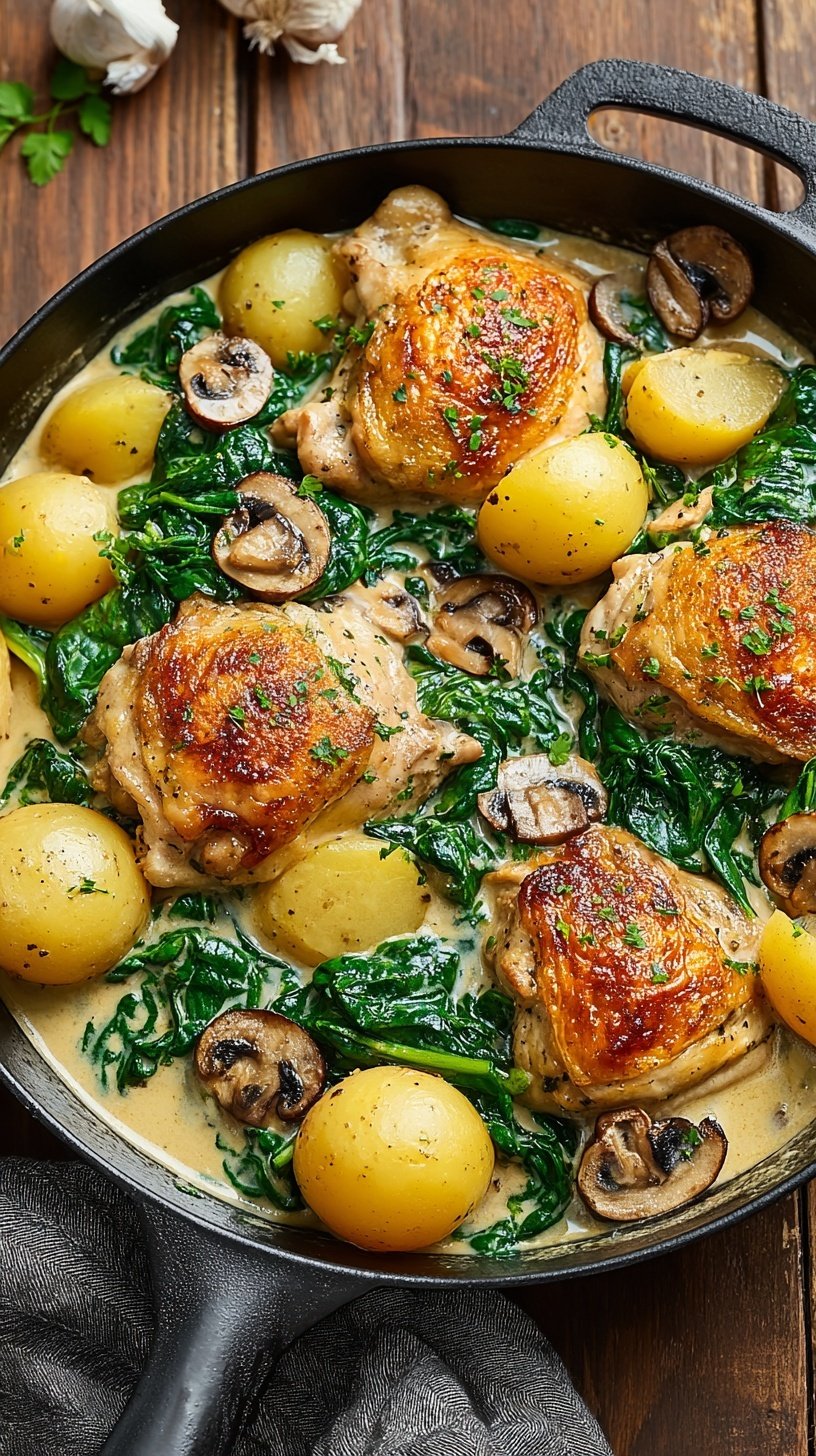 A skillet of creamy smothered chicken with baby potatoes, mushrooms, and spinach in a garlic cream sauce.