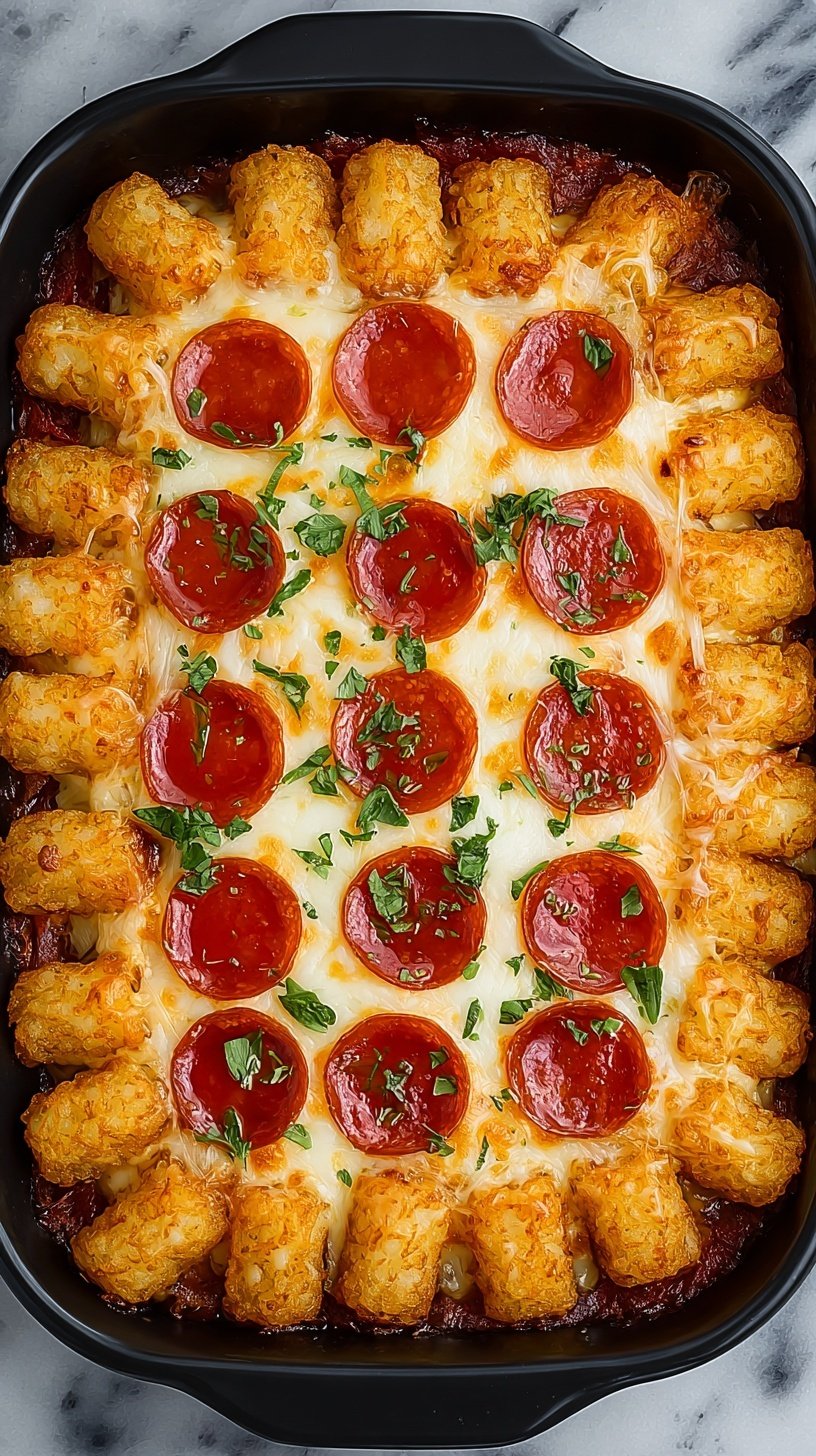 Golden brown pepperoni pizza tater tot casserole in a glass baking dish with melted cheese