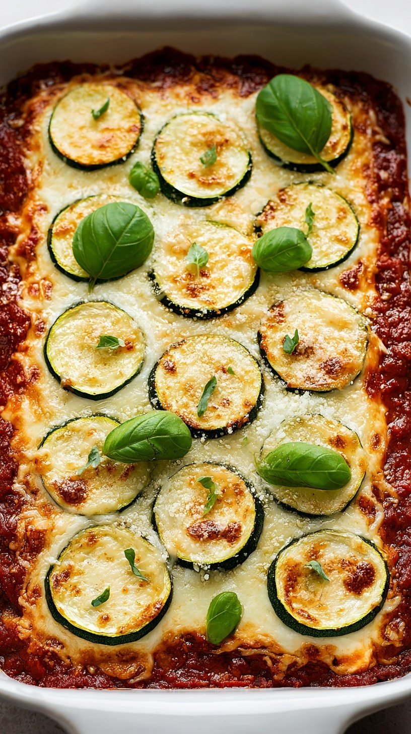 A bubbling dish of cheesy zucchini lasagna with golden brown mozzarella on top.