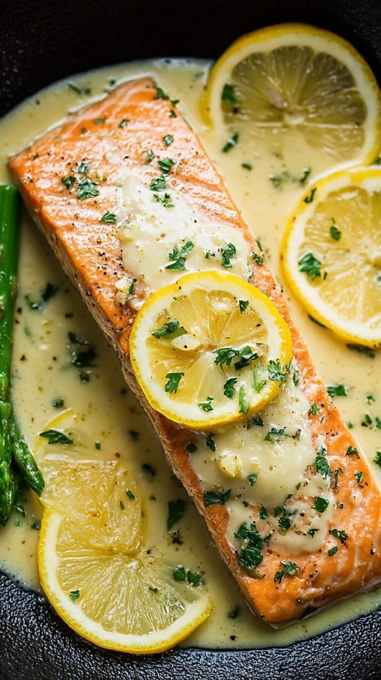 Pan-seared salmon fillets in a golden lemon butter cream sauce garnished with parsley
