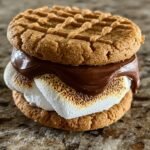 Two peanut butter sandwich cookies filled with chocolate and marshmallow fluff on a white plate.