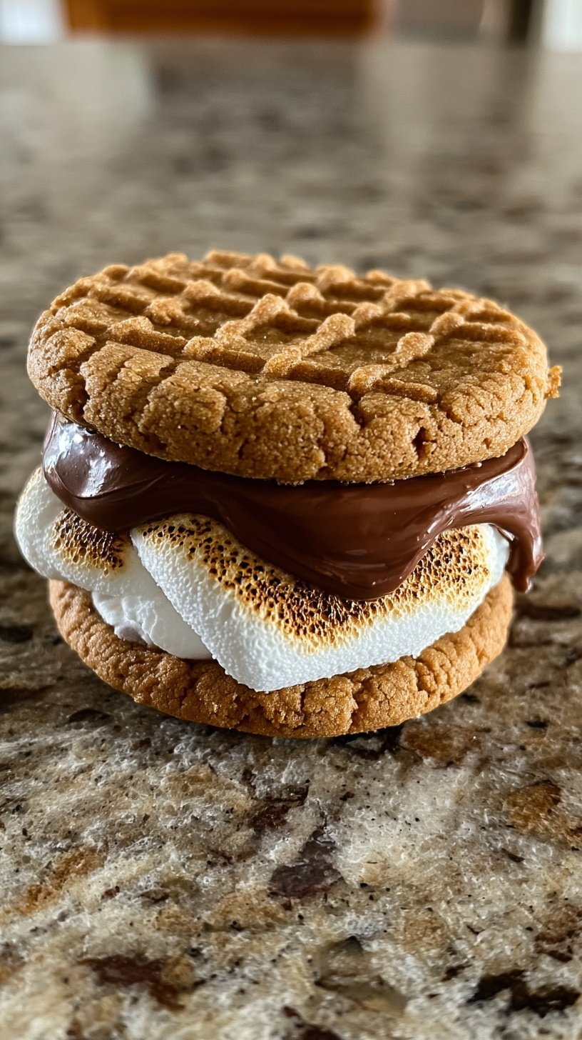 Two peanut butter sandwich cookies filled with chocolate and marshmallow fluff on a white plate.