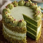 A two-layer pistachio cream cake topped with crushed green nuts and white chocolate drizzle on a cake stand.