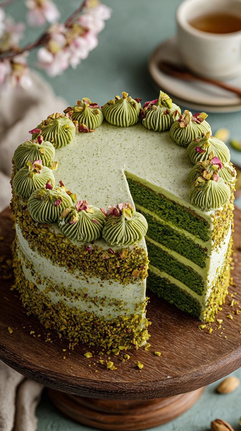 A two-layer pistachio cream cake topped with crushed green nuts and white chocolate drizzle on a cake stand.